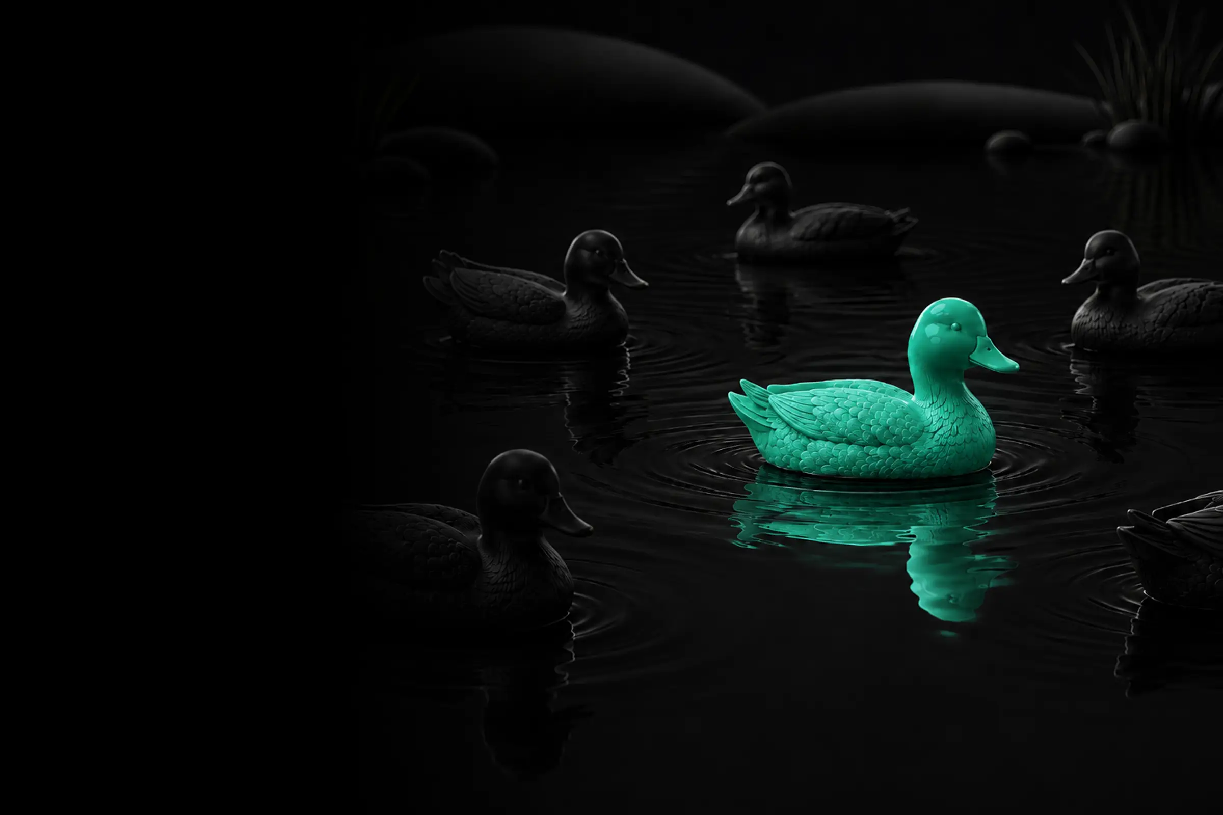Bright teal duck among dark ducks floating on calm water with ripples and reflections signifying how Dzign Media services can help you stand out. 