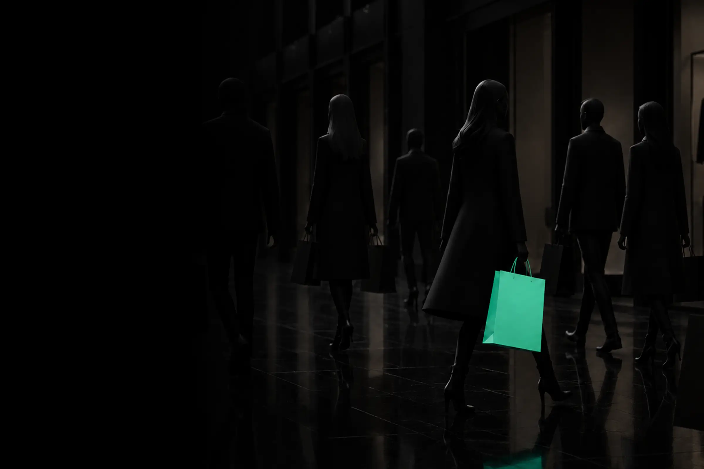 Silhouettes of people walking with shopping bags, one bag glowing bright green, signifying how Dzign Media helps your brand stand out. 