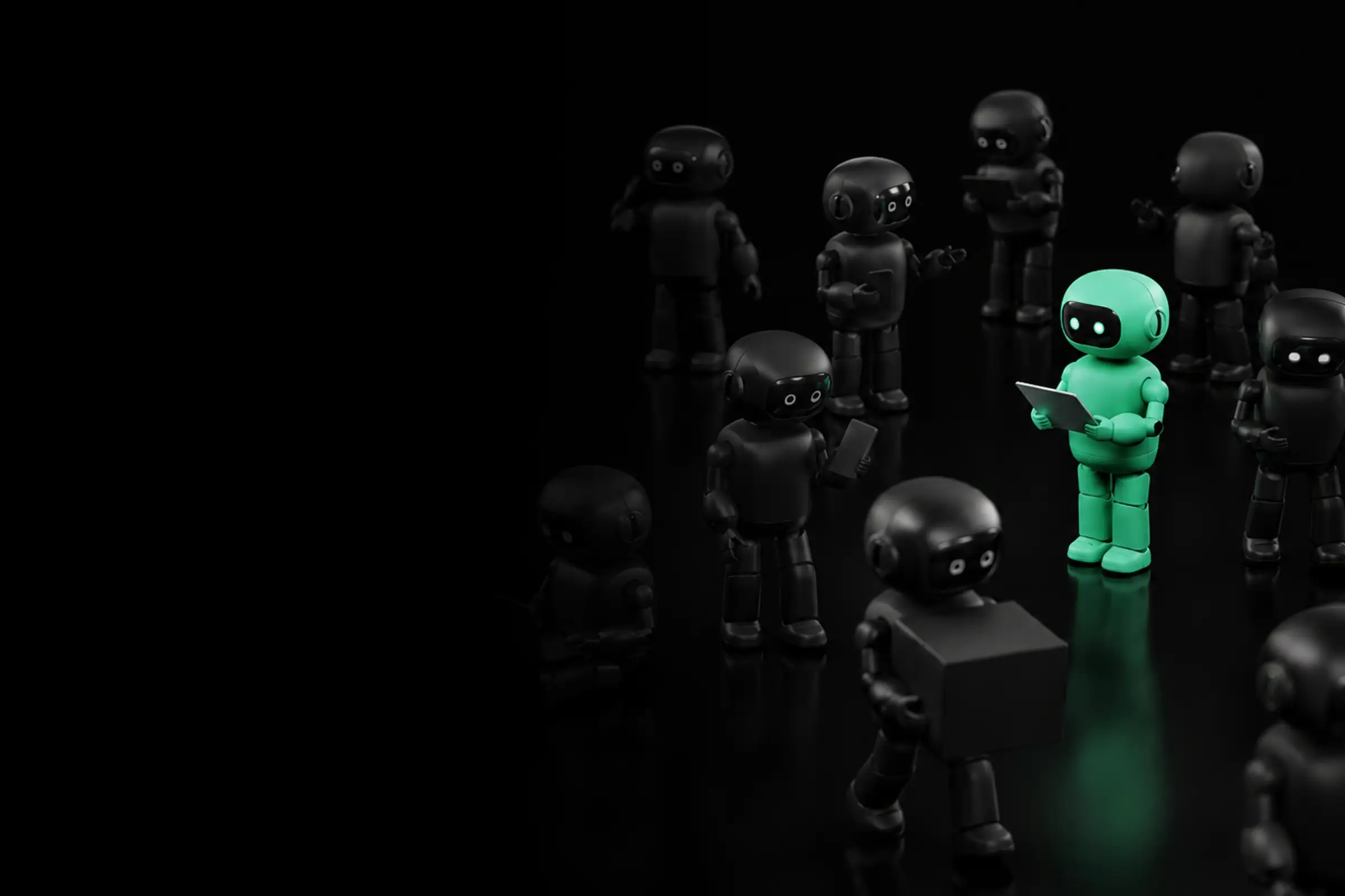 A group of black robots with one green robot holding a tablet among them on a black reflective surface, reflecting how the right use of Ai can help your brand stand out.
