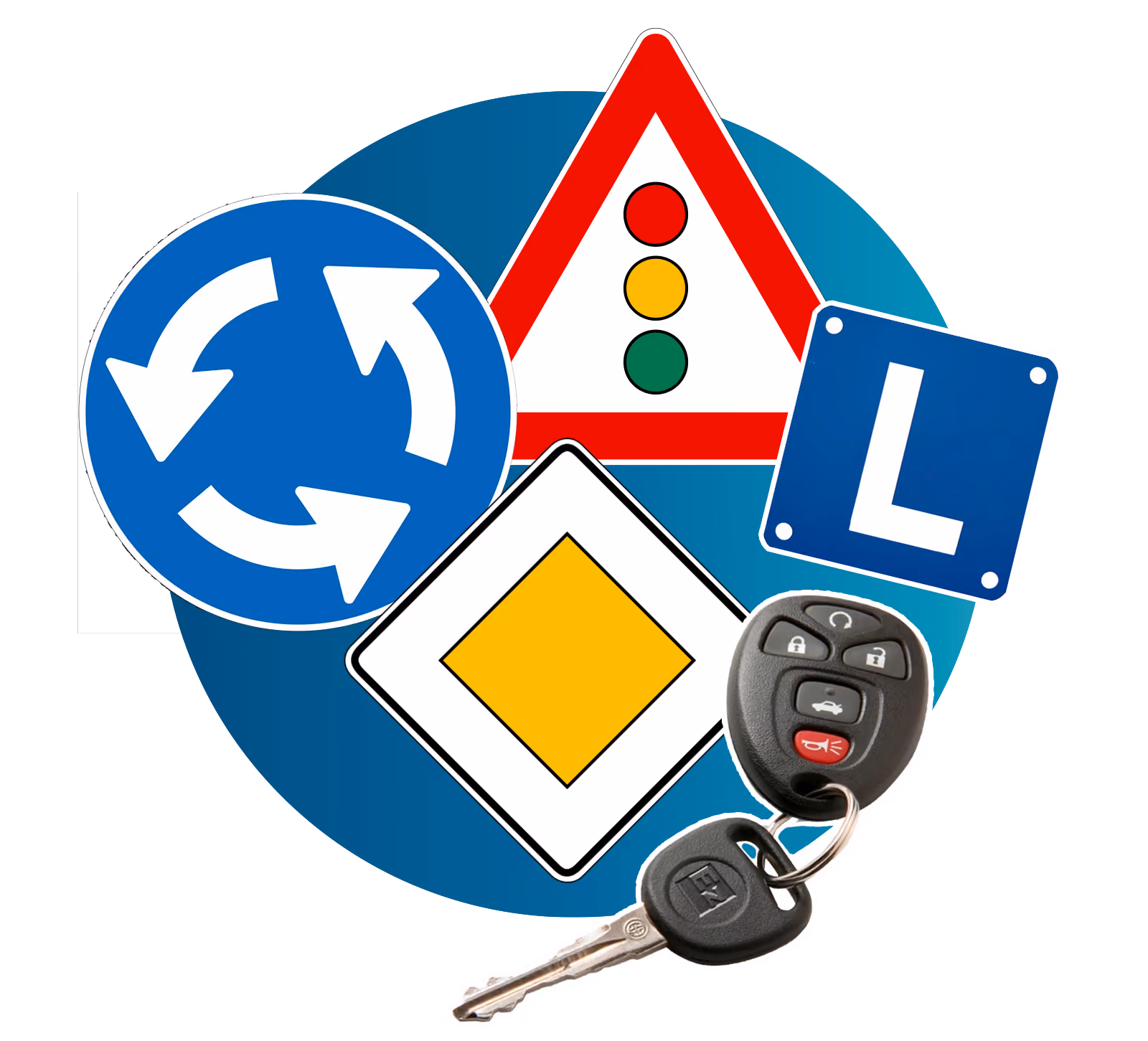 Bildkomposition aus vier Verkehrsschildern und einem Autoschlüssel