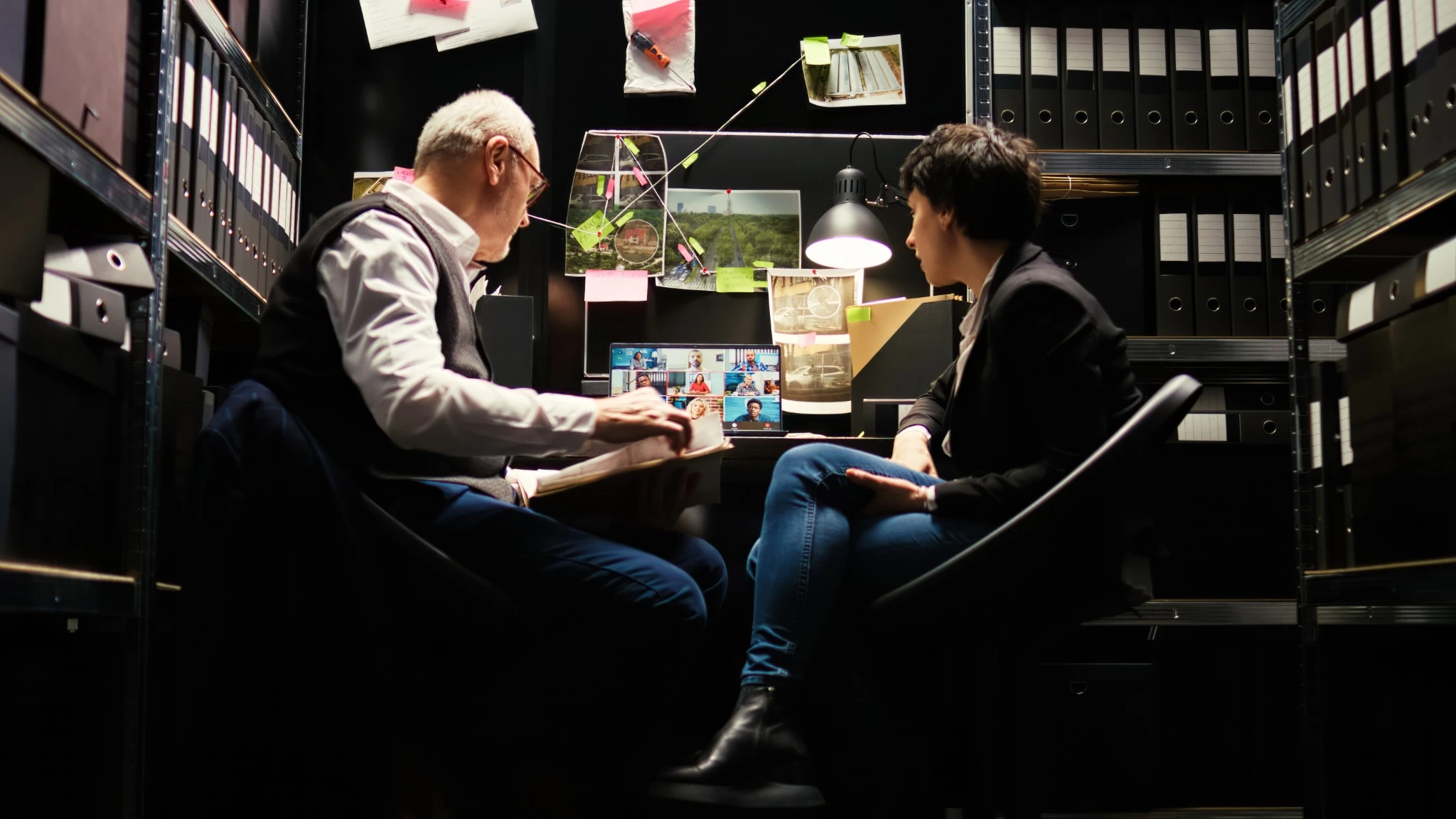 Two people in a dark room analyze documents and photos linked by strings on a wall during investigation.