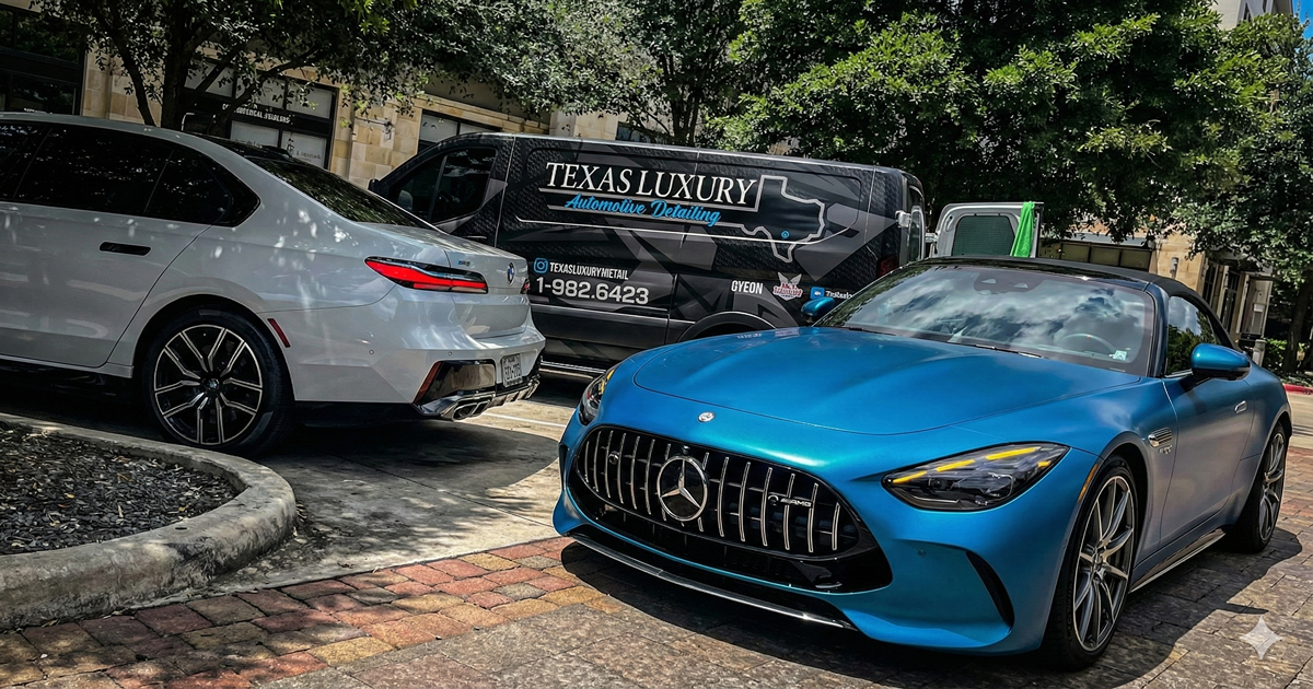 Blue BMW coupe parked in a driveway after a professional exterior detail by Texas Luxury Detail.
