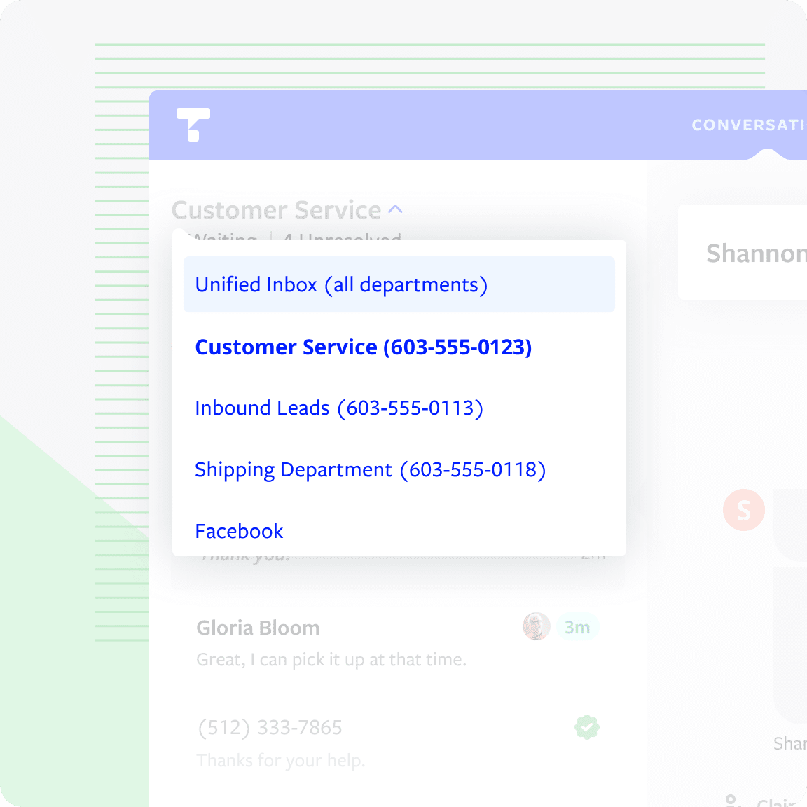 Inbox view showing customer conversations organized by department