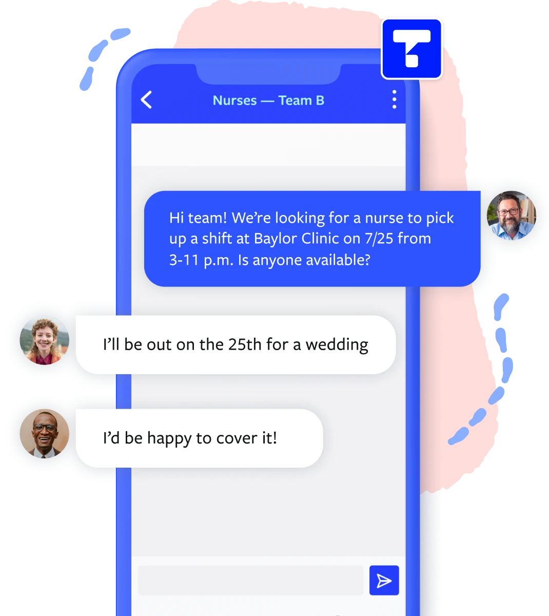an illustration of a phone and people texting