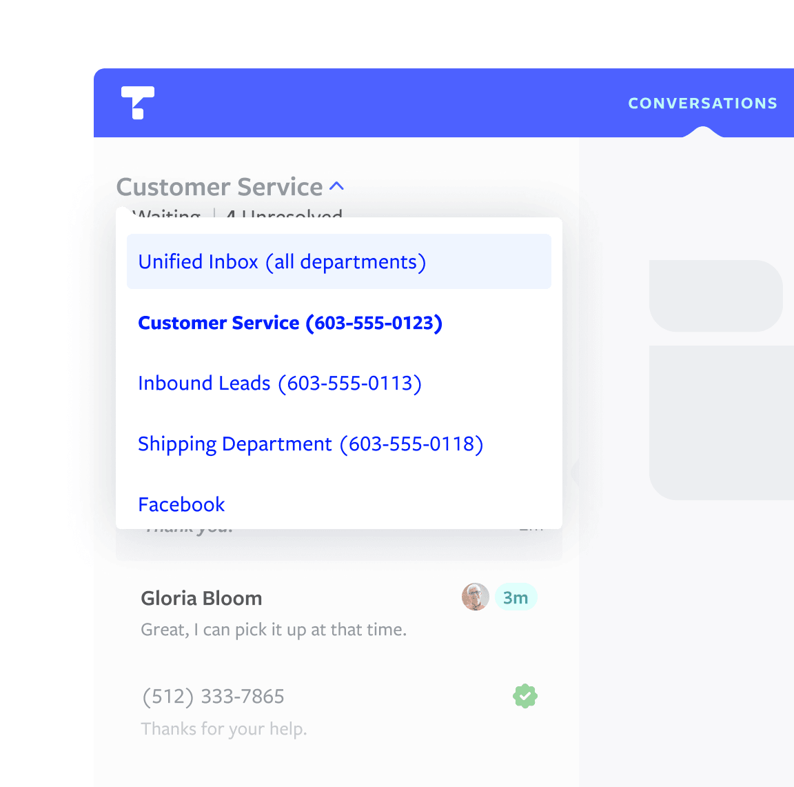 Inbox view showing customer conversations organized by department