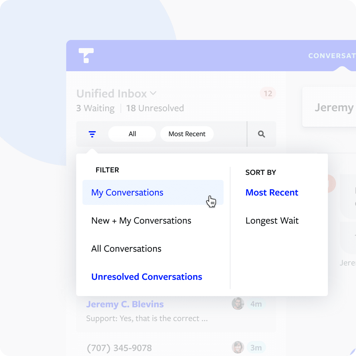 Conversation list with filtering and sorting options in the dashboard
