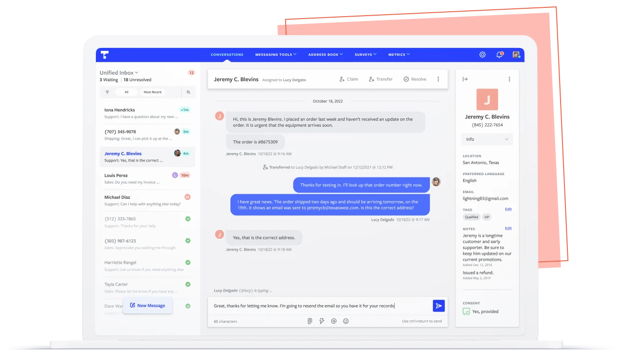 Illustration of a laptop showing Textline's conversation dashboard