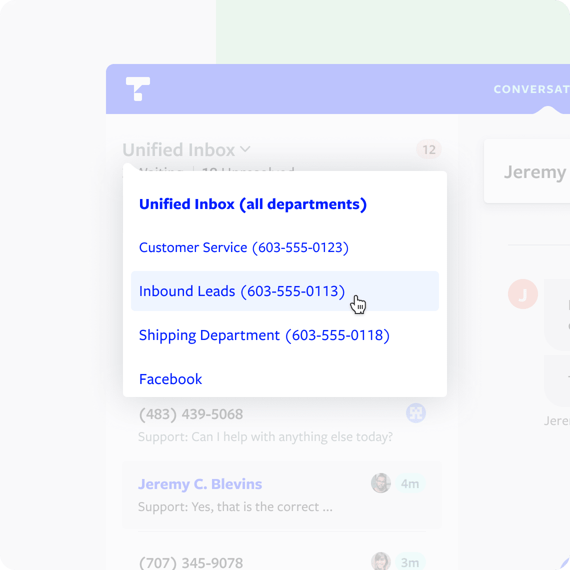 Inbox view showing customer conversations organized by department