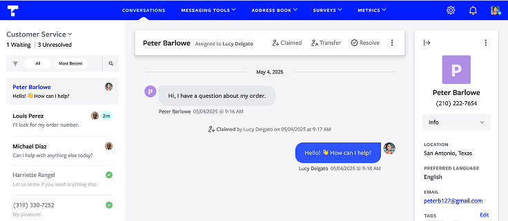 Business texting dashboard showing team conversations