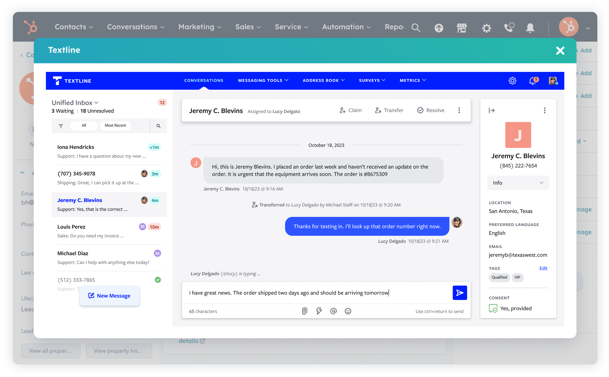 Mockup of Textline and HubSpot integration interface