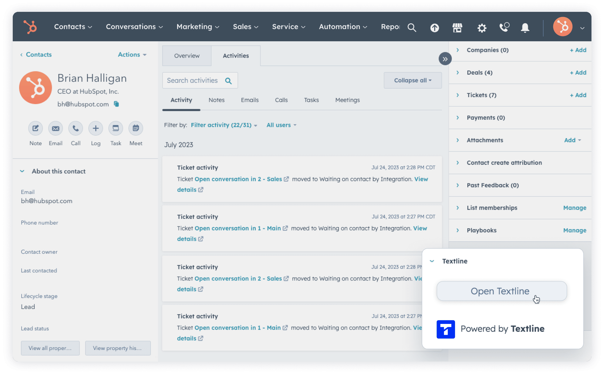 Hubspot dashboard connecting to Textline