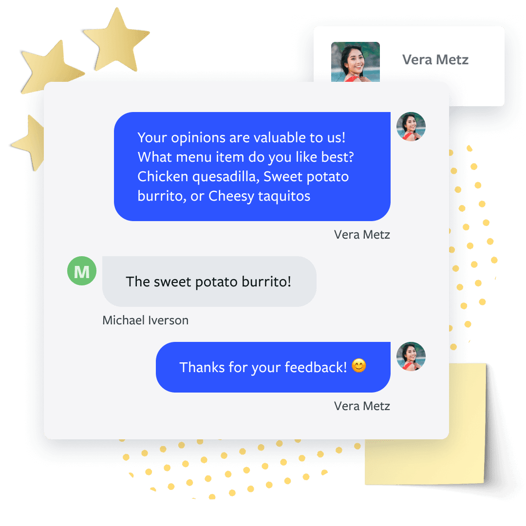 Custom survey conversation mockup showing personalized messaging flow