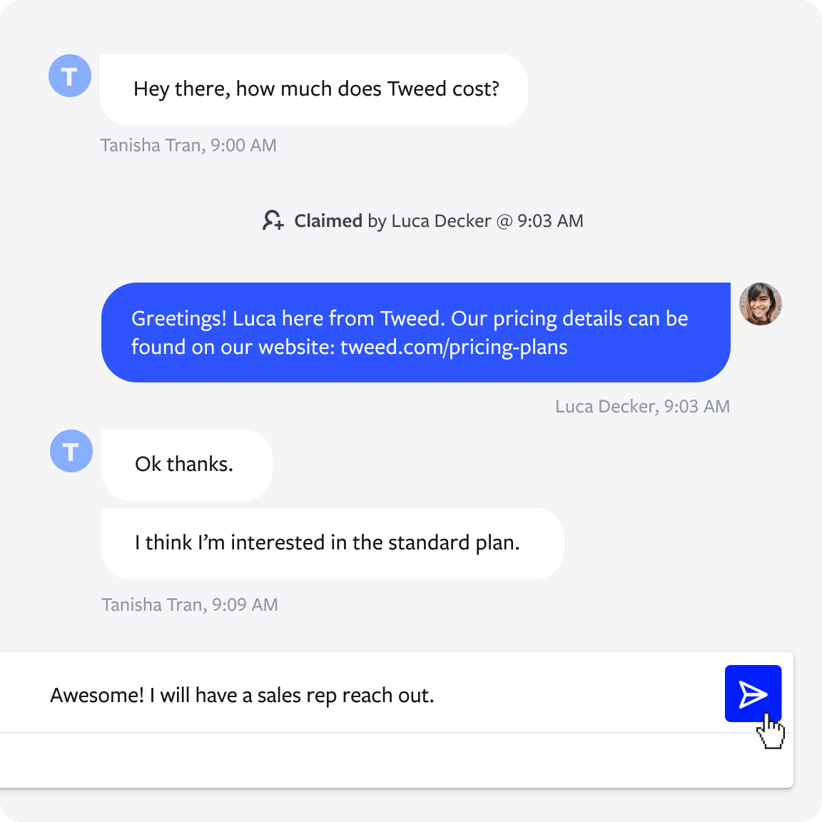 Visual showing multiple text conversations handled at once by a team member