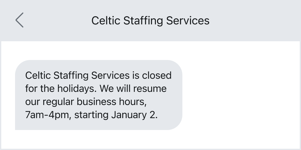 A holiday closure out-of-office text example