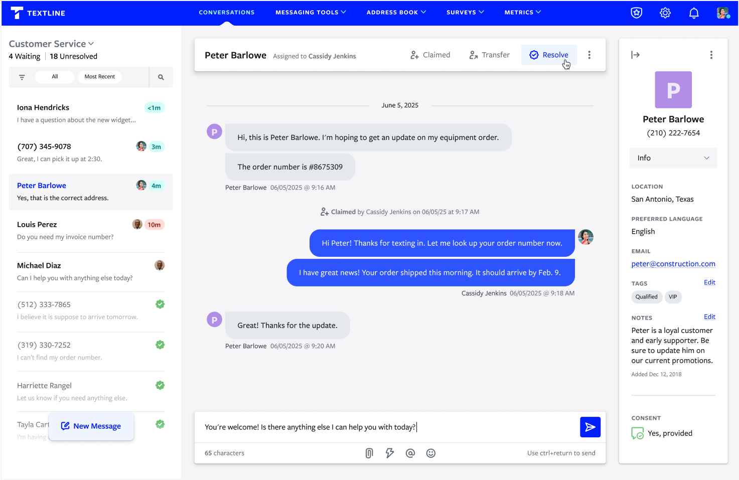 An example of Textline's A2P messaging platform.