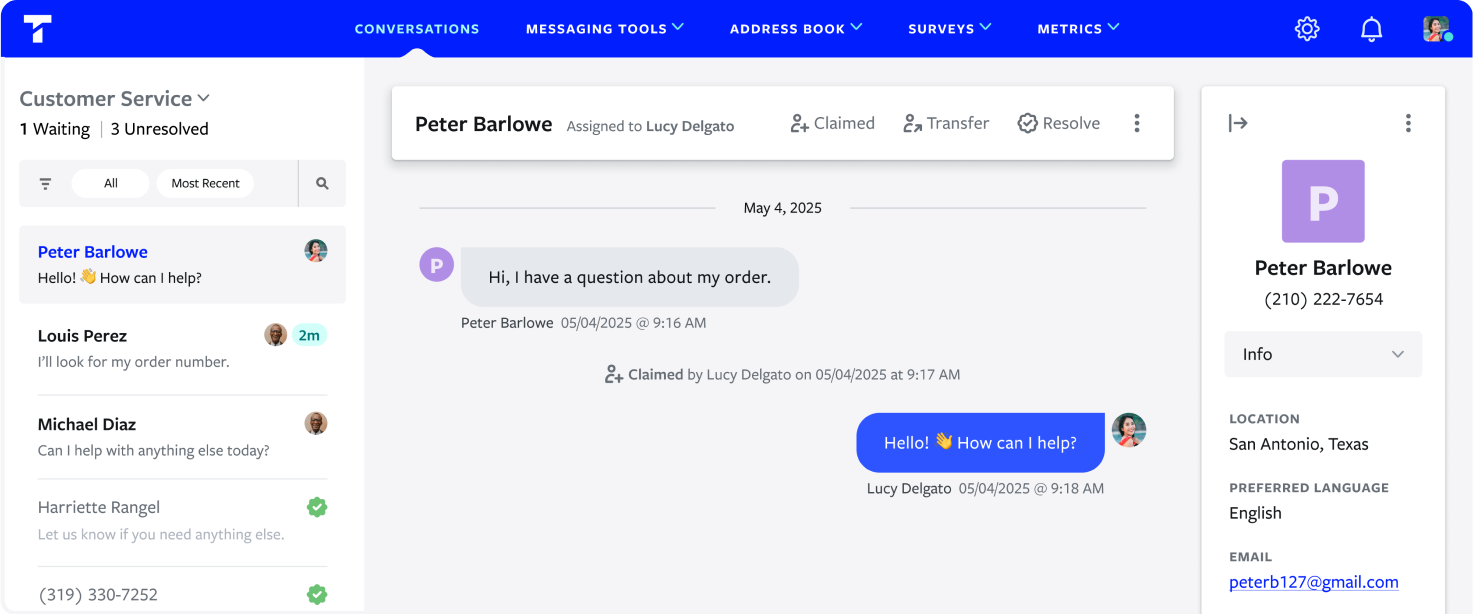 Textline’s simple-to-use SMS inbox.