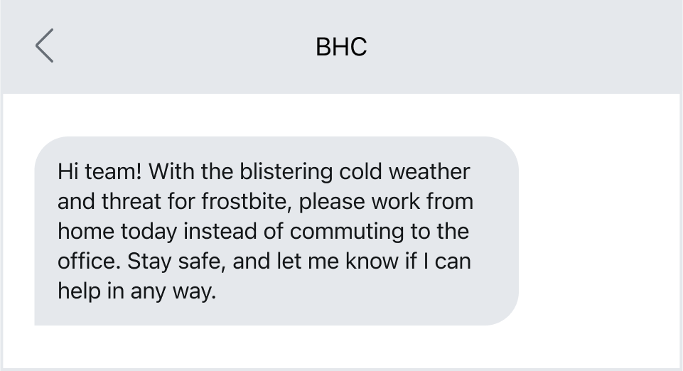 An emergency weather alert to employees.