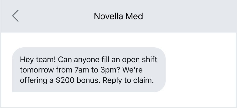 A scheduling text message for employees.