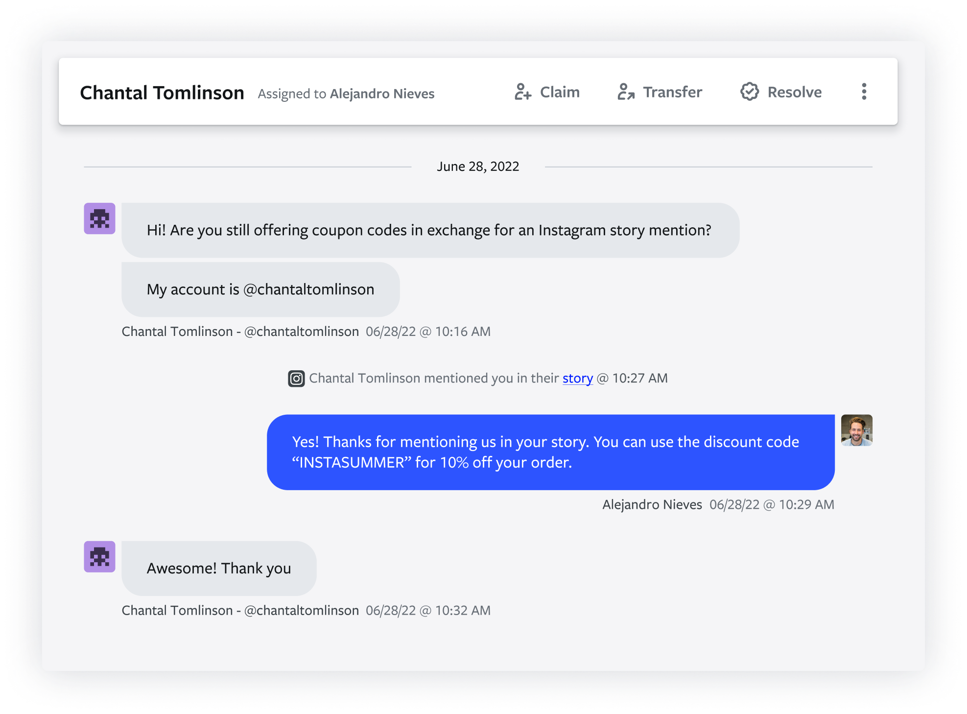 Screenshot of the Instagram Business SMS integration in action