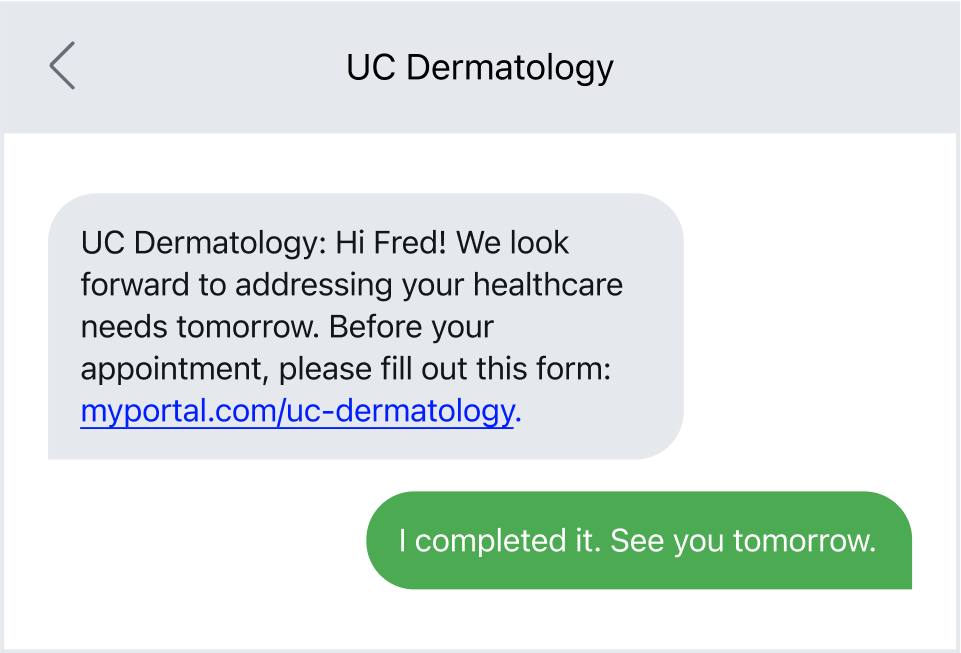 Pre visit paperwork check in two-way text example.