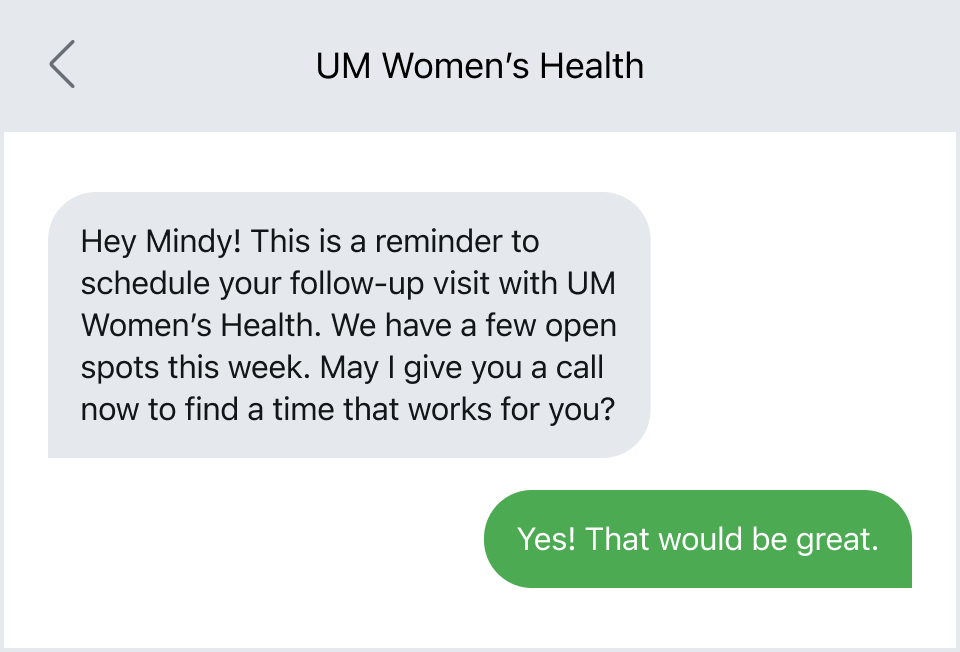Patient scheduling two-way text example.