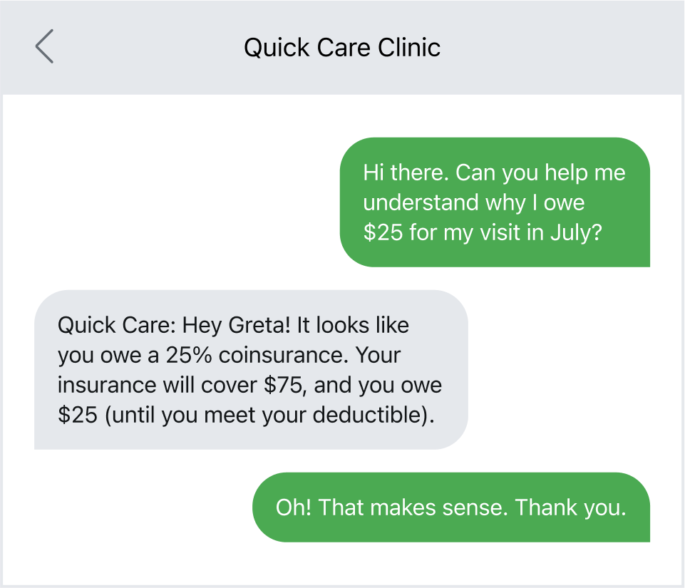 Billing or insurance two-way texting example.