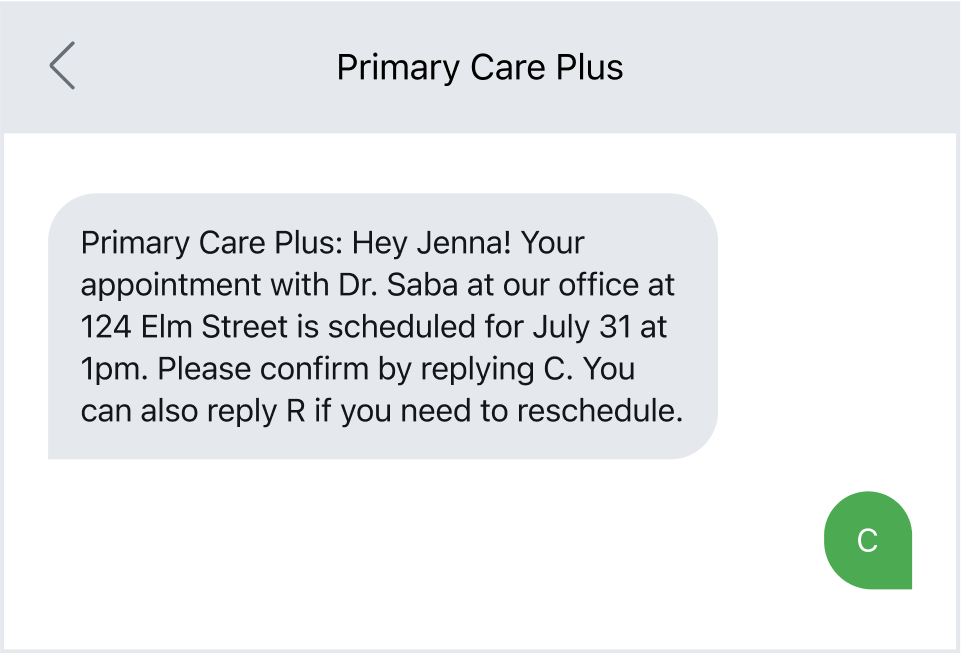 Two-way texting appointment confirmation example.