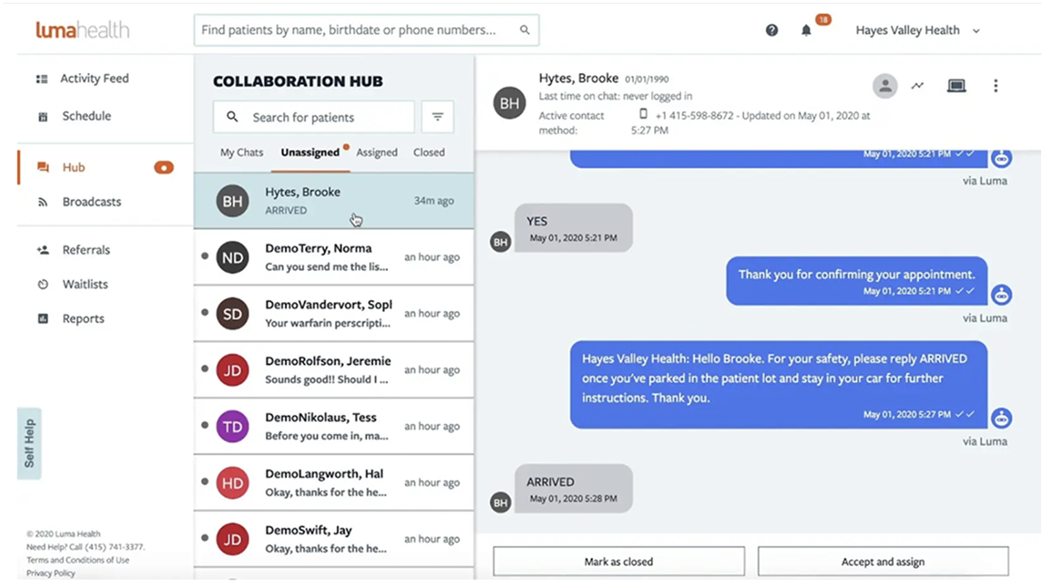 A look at Luma Health’s SMS inbox.