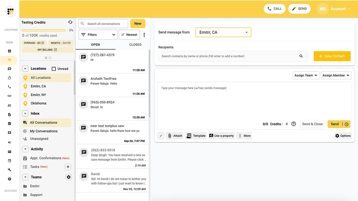 Emitrr’s SMS inbox