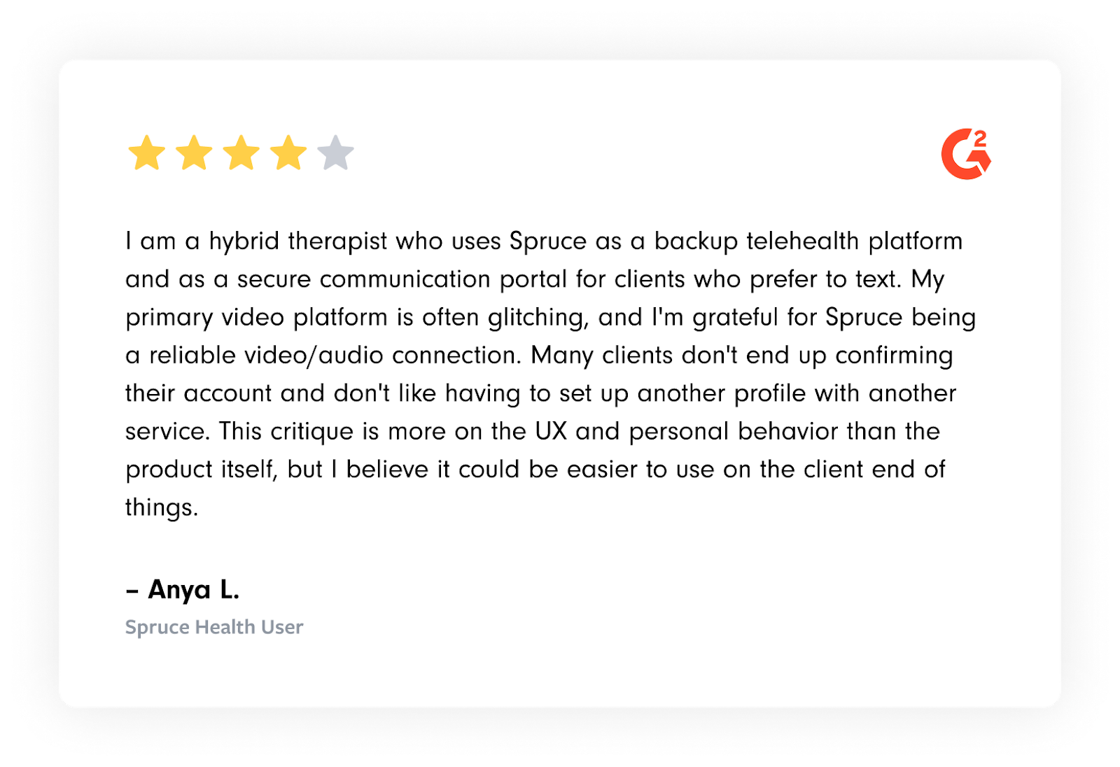 A Spruce Health customer review from G2.