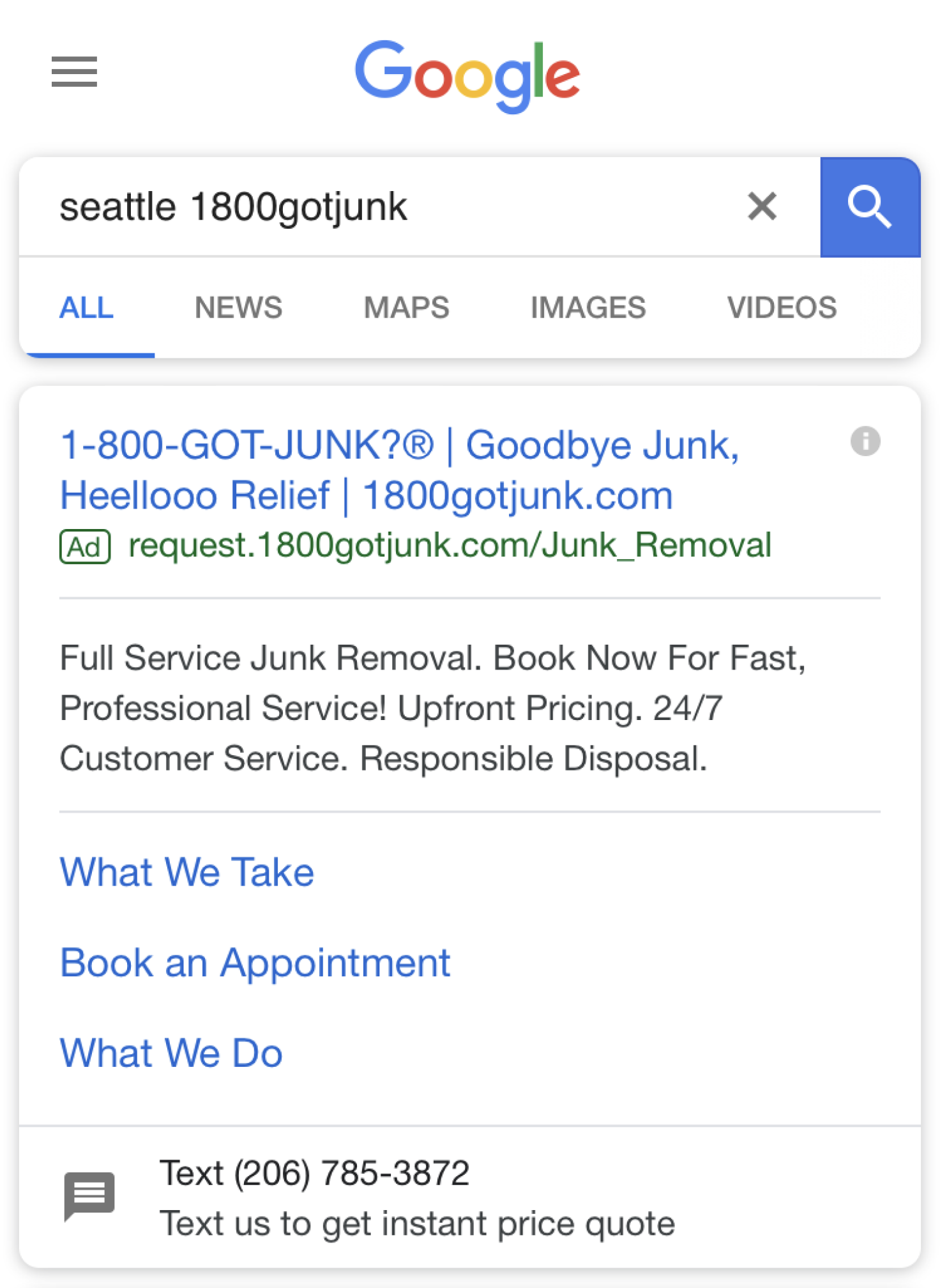 Texting number displayed in a Google advertisement