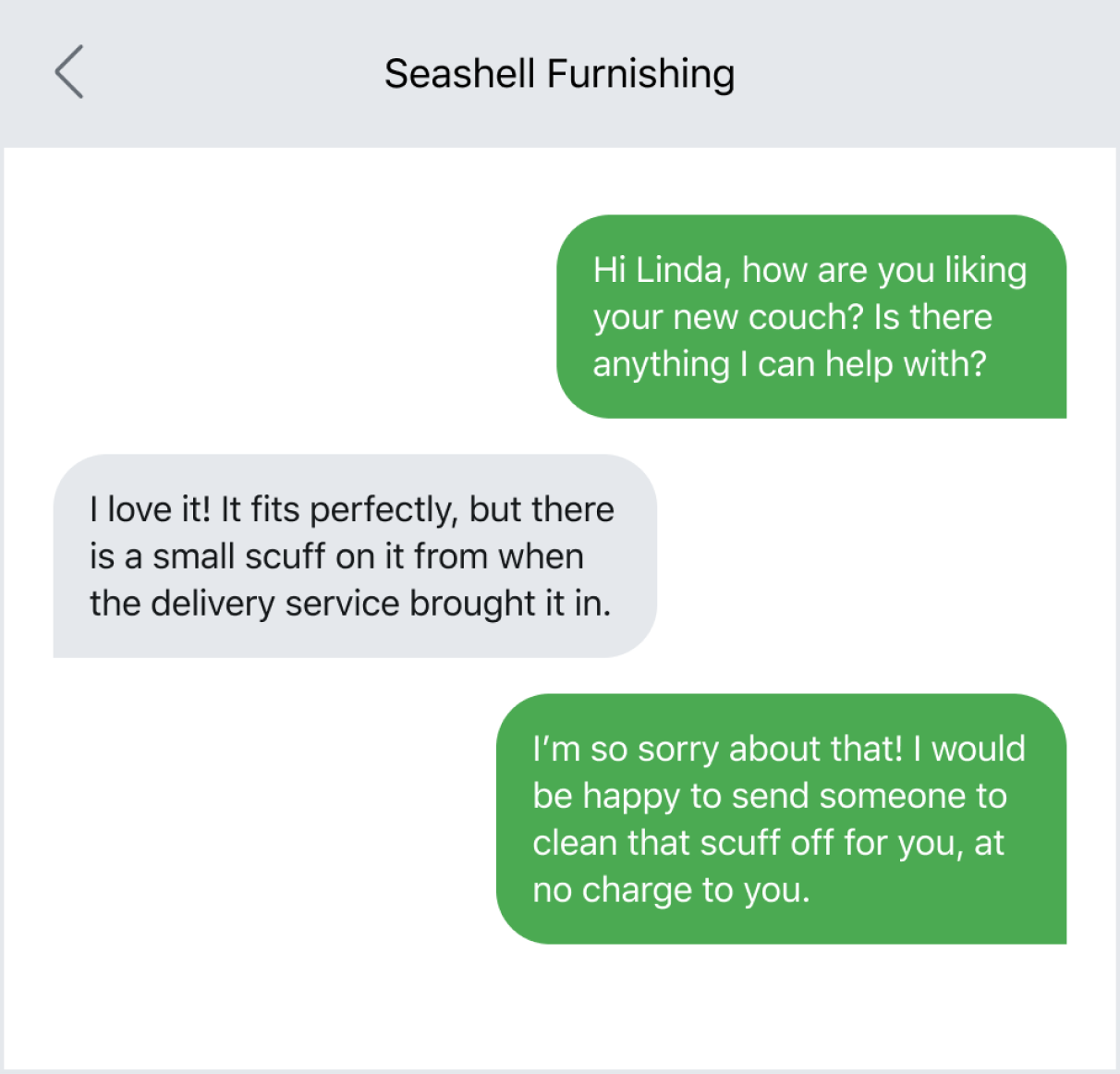 Example of checking in with a customer about their purchase with texting