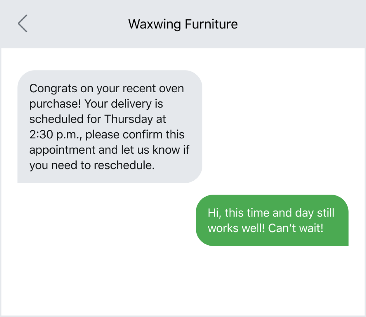 Example of sending delivery confirmation via text