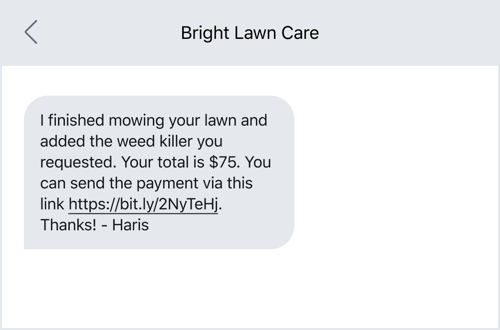 Example of sending a payment link via text