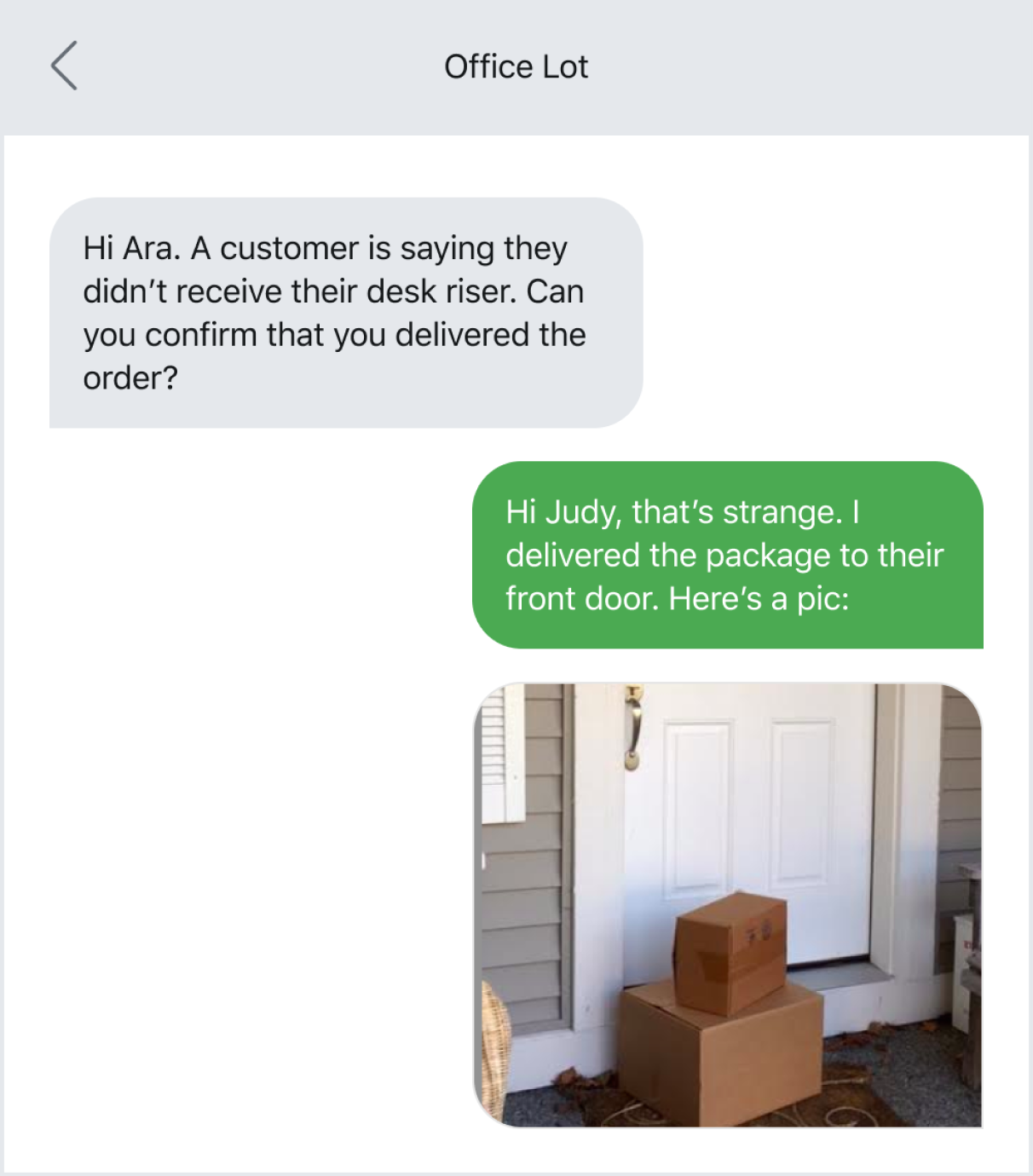 Example of using a photo text message to solve minor problems on the job