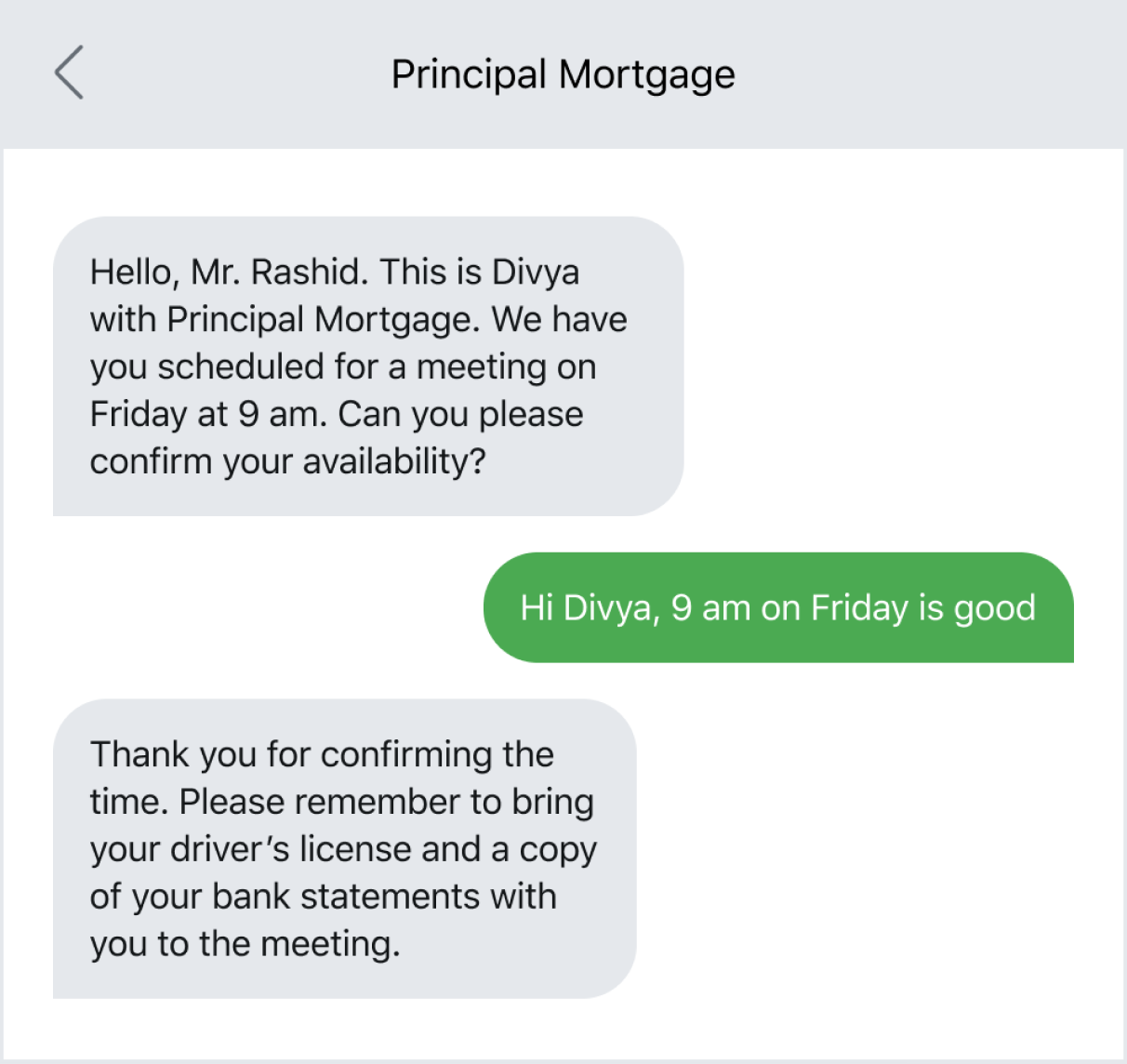 Text message to remind a customer about specific documentation