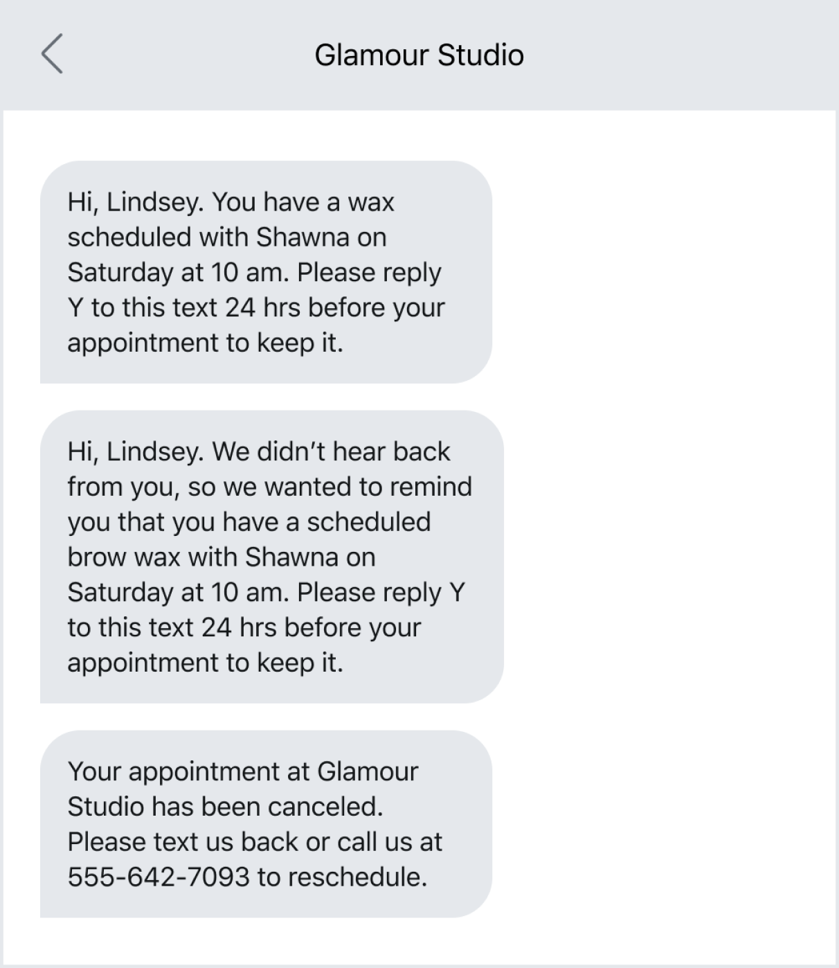 Text message example of an automatic cancellation