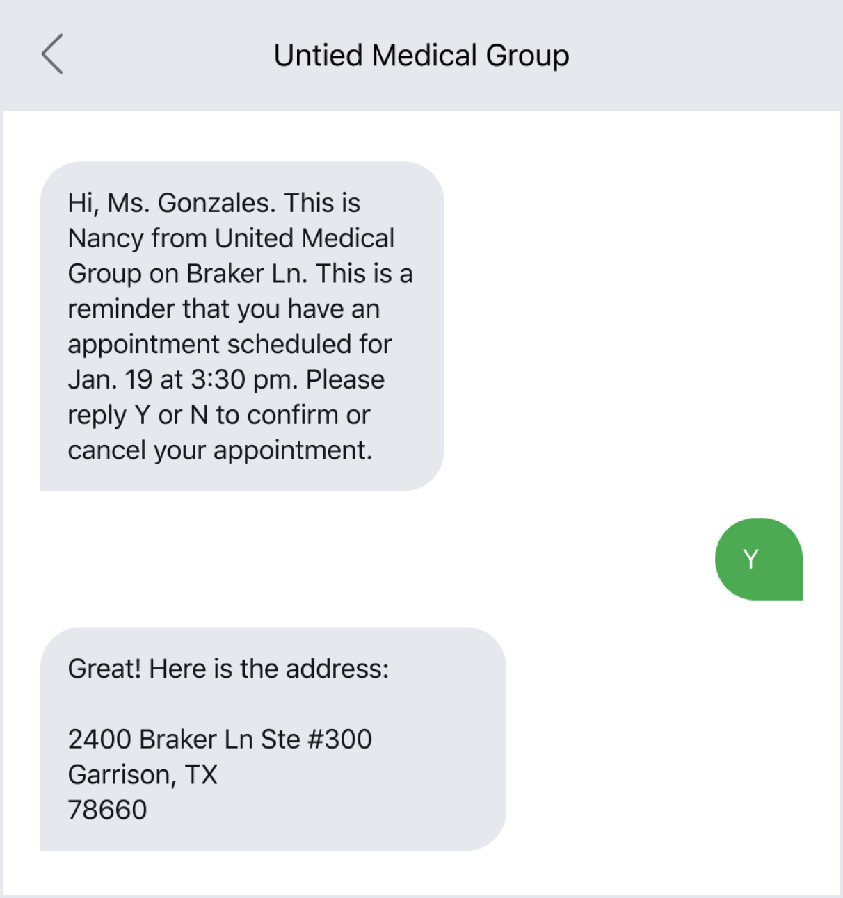 Text message example  regarding a physical appointment