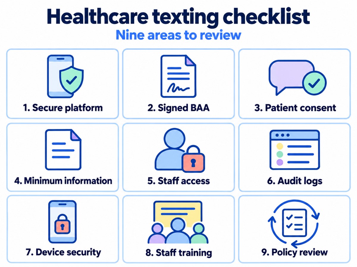 Healthcare texting checklist showing nine areas to review for secure patient messaging.