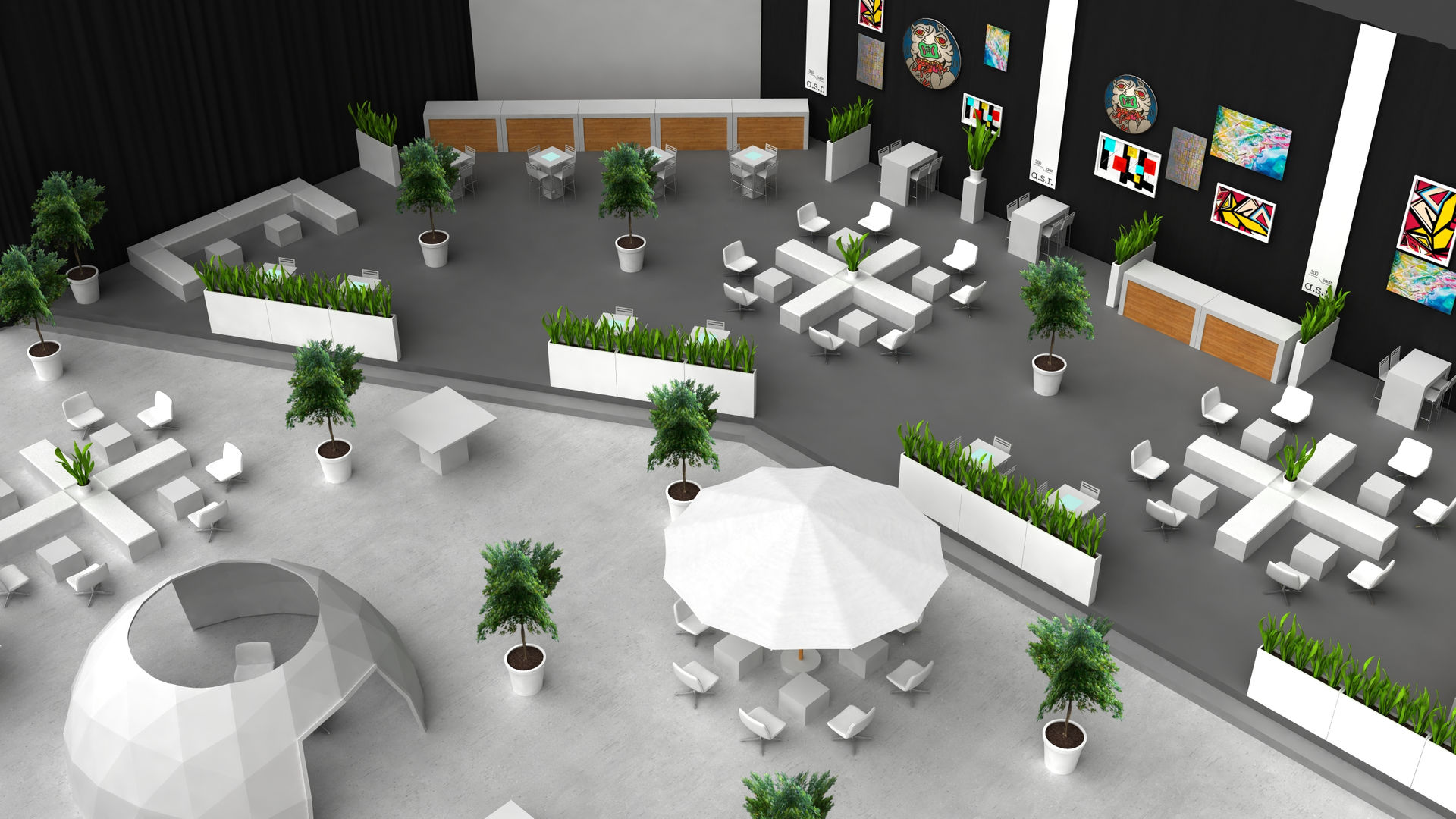3D Visualisatie — 3D sfeerimpressie hal voor zakelijk evenement door Delight Eventdesign