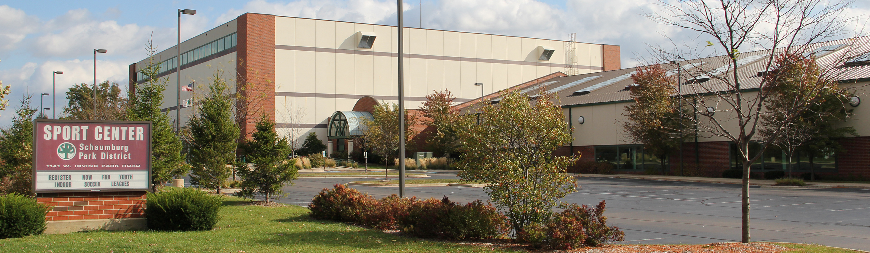 Exterior of The Sport Center with its "Sport Center, Schaumburg Park District" sign.