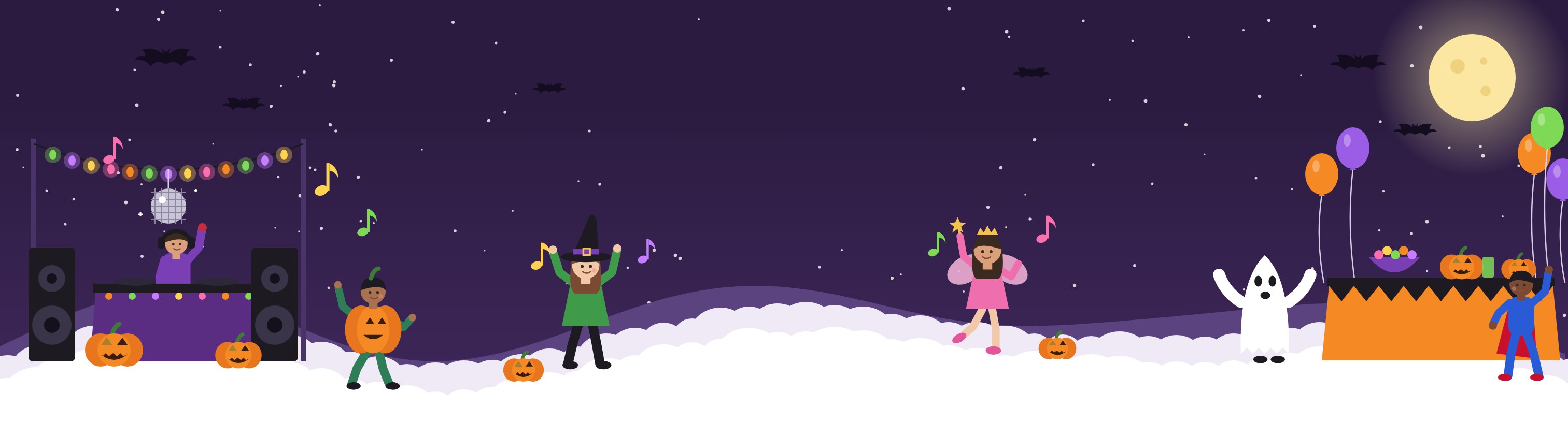 Illustration of kids in Halloween costumes, a pumpkin, witch, fairy, ghost and superhero, dancing near a DJ booth with jack-o-lanterns, balloons, bats and a full moon
