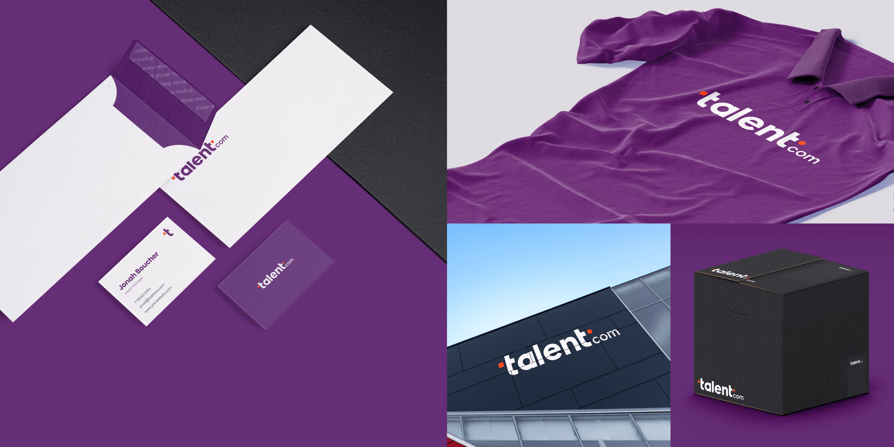 Collage showing Talent.com branded items including business cards, envelope, purple polo shirt, building signage, and black box packaging.
