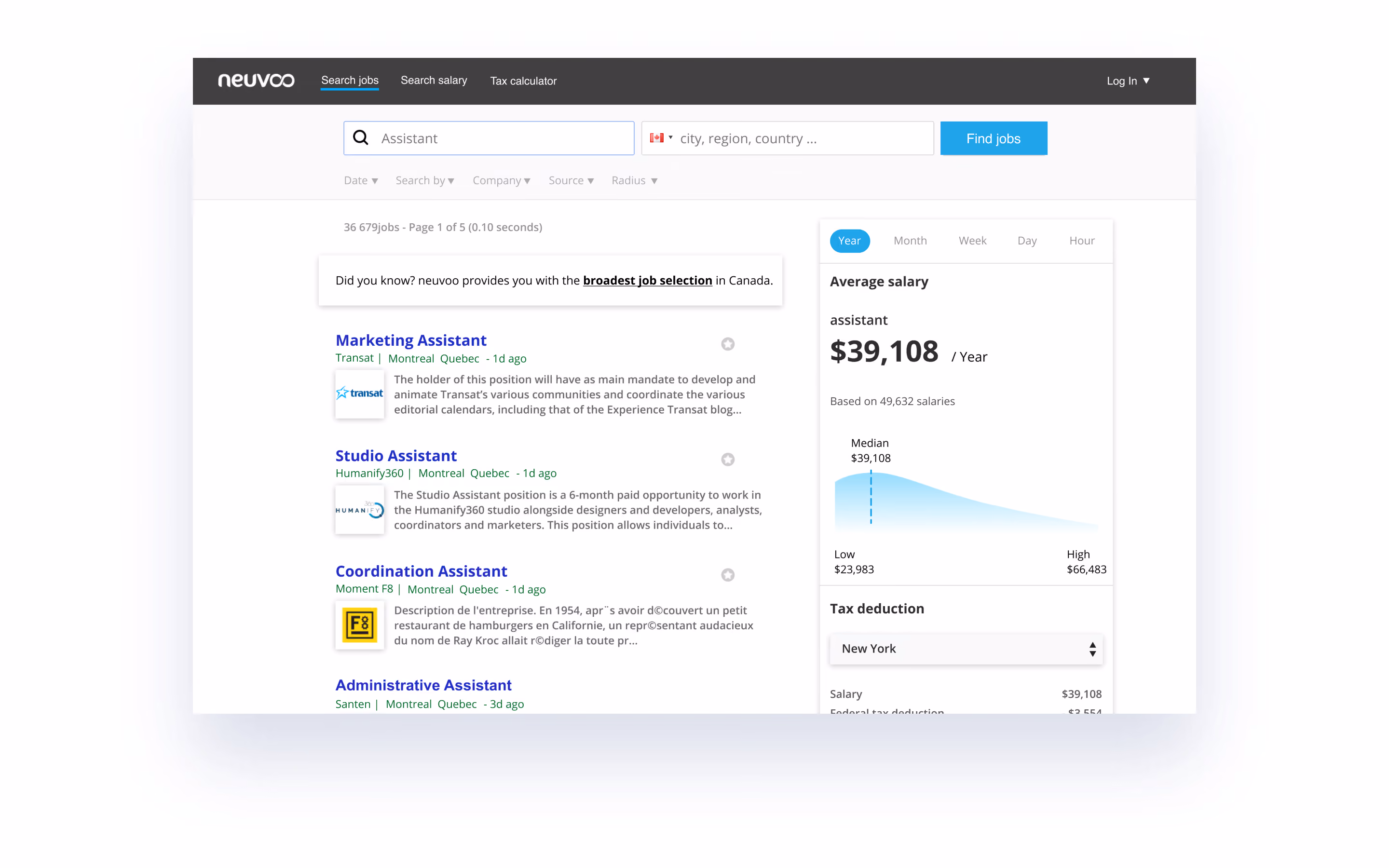 Neuvoo job search page showing assistant job listings in Montreal, Quebec, with an average salary of $39,108 per year based on 49,632 salaries and tax deduction options.