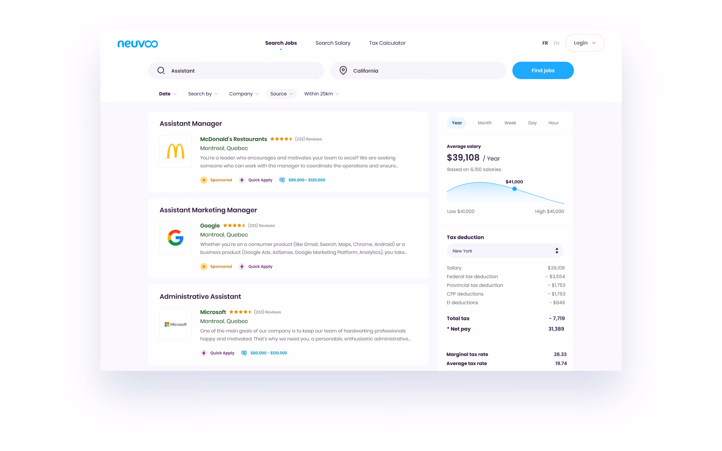 Job search webpage showing assistant positions in California, listing jobs from McDonald's, Google, and Microsoft with salaries and quick apply options; includes average salary and tax deduction details on right.