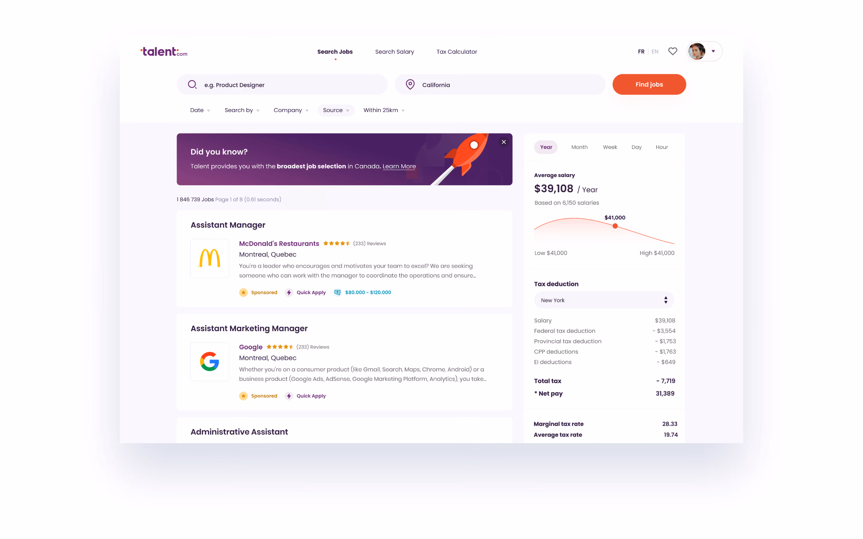 Job search webpage showing listings for Assistant Manager at McDonald's and Assistant Marketing Manager at Google in Montreal, with salary details and tax deduction info for New York on the right.