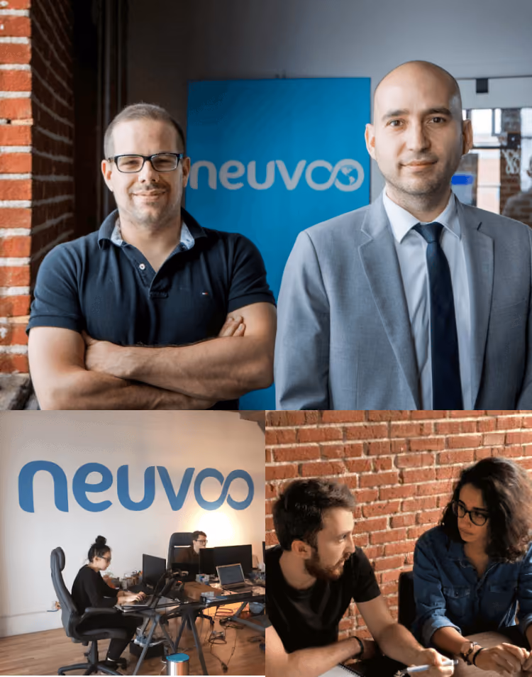 Collage with two men posing in front of a Neuvoo banner, employees working at desks with computers under a Neuvoo logo on the wall, and two colleagues having a discussion near a brick wall.
