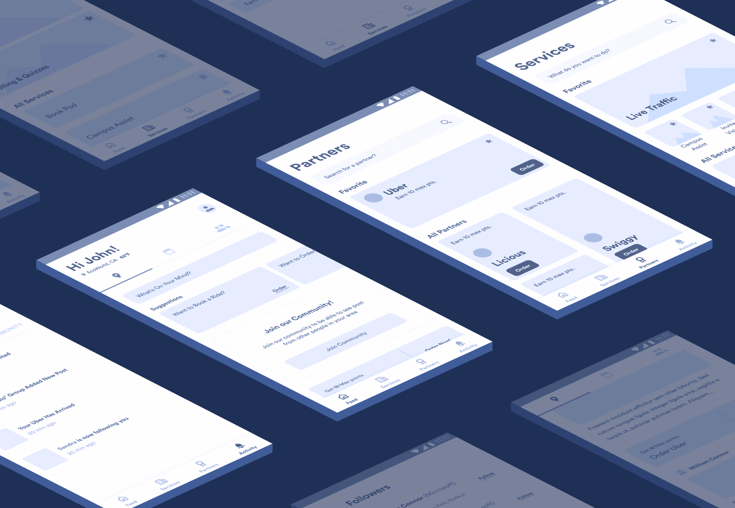 Multiple angled views of a mobile app interface showing tabs for Feed, Services, Partners, and Activity, with screens displaying user greeting, partner listings like Uber, Licious, and Swiggy, and community join prompts.