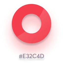 Red circular shape with a central cutout on a red textured background with hex color code #E32C4D below it.