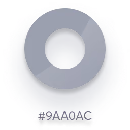 Circular chart with three segments in shades of gray and a hex color code #9AA0AC below it.